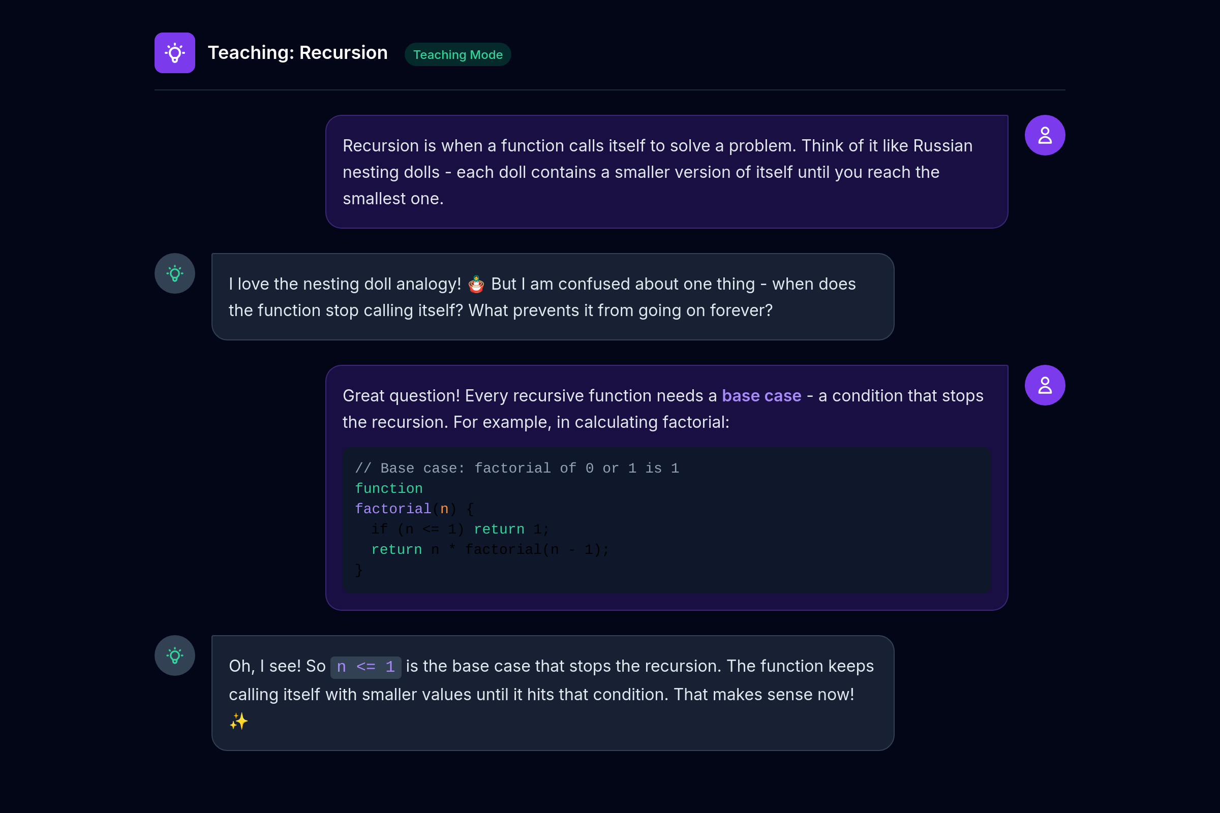 Teaching mode - explaining recursion to the AI student